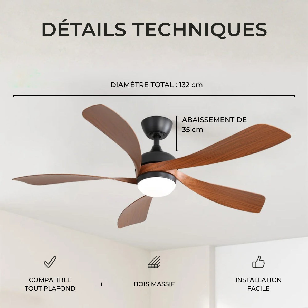 Ventilateur de Plafond en Bois 132 cm - Éclairage LED Dimmable | KOVA