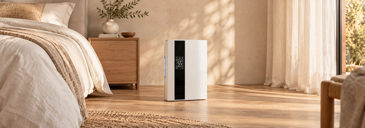 Déshumidificateur et purificateur d’air Delair dans une chambre lumineuse aux tons naturels