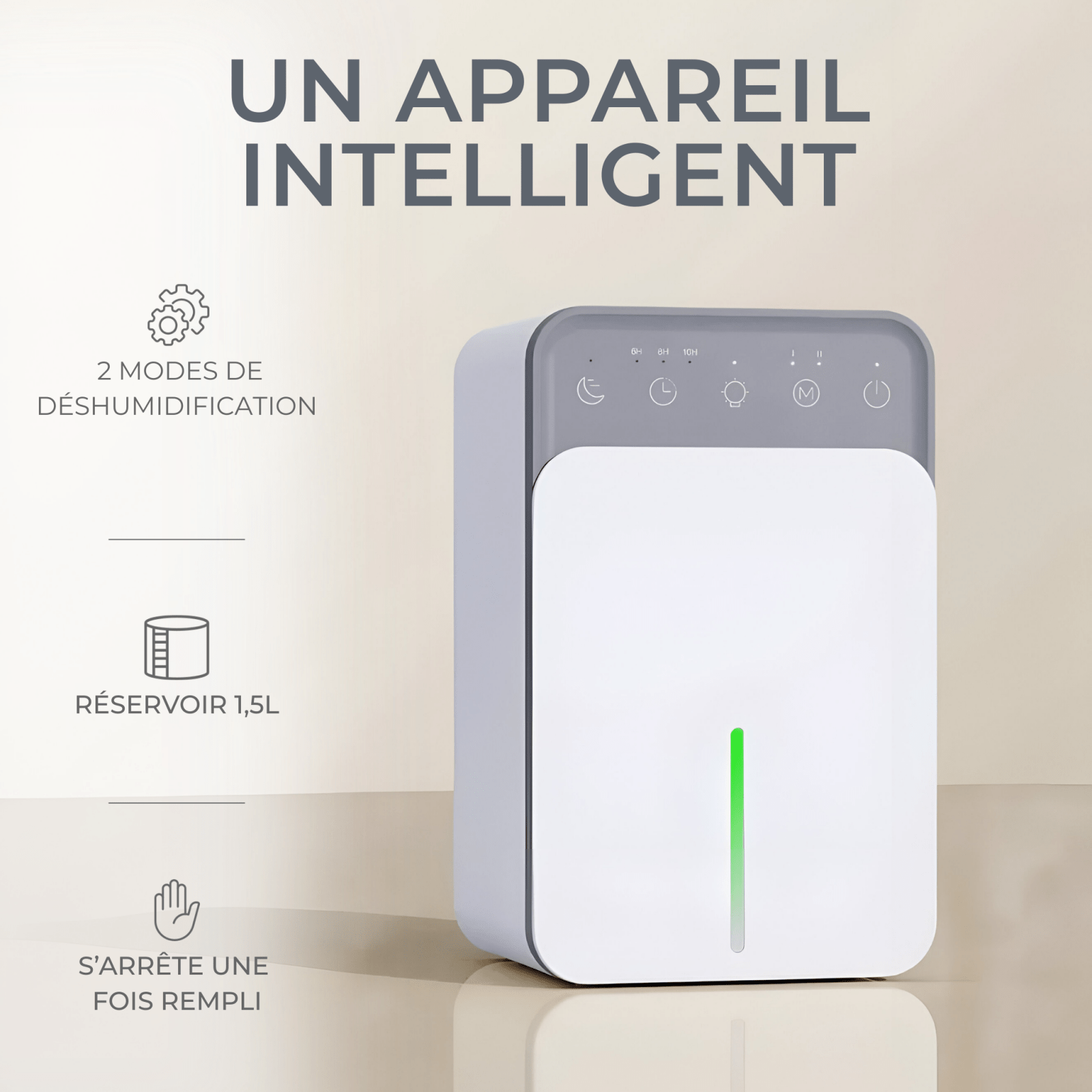 Déshumidificateur d'Air Intelligent Réservoir 1,5L – Silencieux & Programmable - Delair