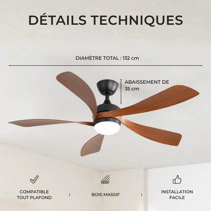 Ventilateur de Plafond en Bois 132 cm - Éclairage LED Dimmable | KOVA - Ventilateur de plafond - Delair