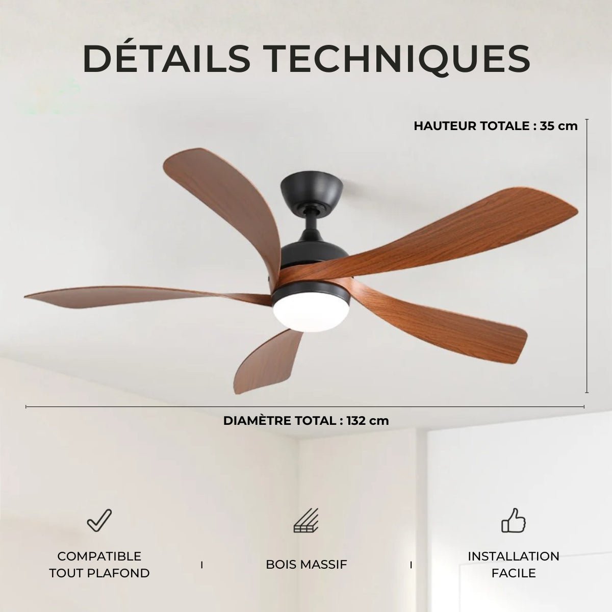 Ventilateur de Plafond en Bois 132 cm - Éclairage LED Dimmable | KOVA - Ventilateur de plafond - Delair