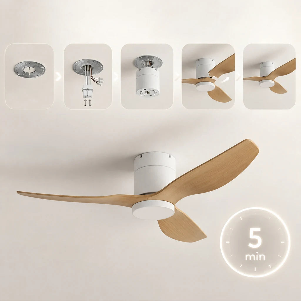Ventilateur de Plafond Ultra-plat à Éclairage LED - Blanc & ABS Bois Clair BELO - Ventilateur de plafond - Delair