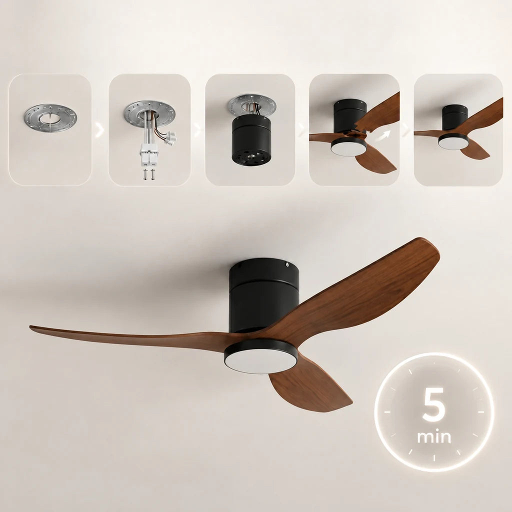Ventilateur de Plafond Ultra-plat à Éclairage LED - Noir & ABS Bois Foncé SAMO - Ventilateur de plafond - Delair